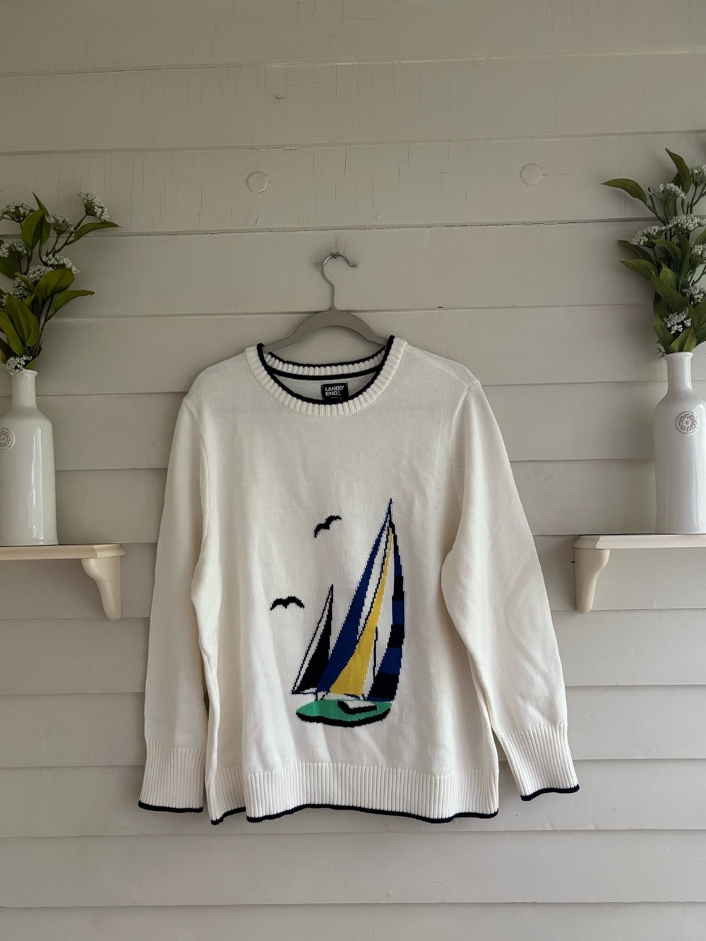 Lands' End Plus Size 2X Cotton Drifter Sailboat Crewneck Sweater Ivory NWT - Picture 2 of 12